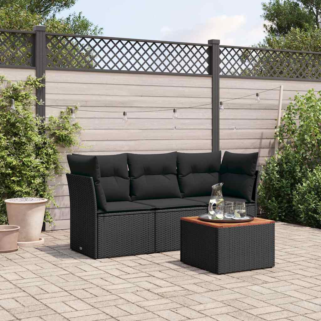 4 Pcs conjunto de sofás para jardim c/ almofadões vime PE preto