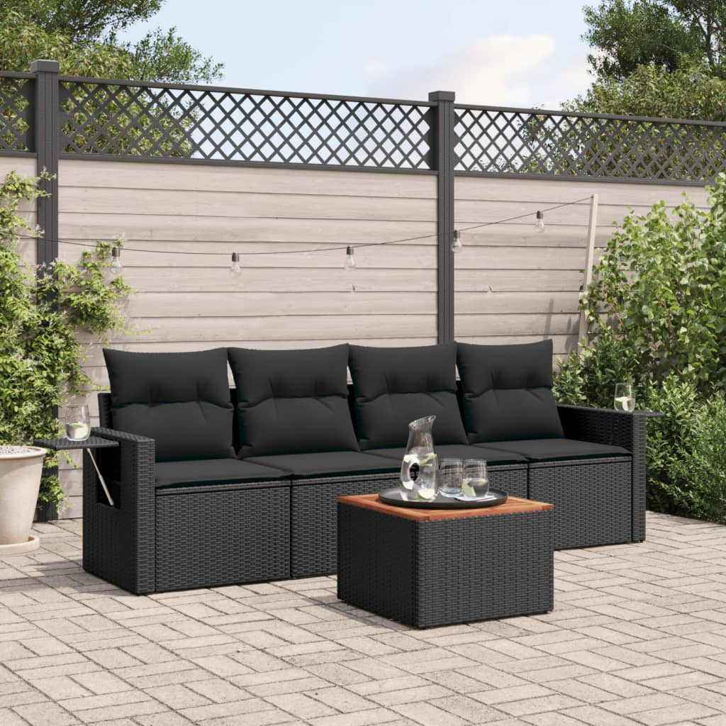 5 Pcs conjunto sofás de jardim com almofadões vime PE preto