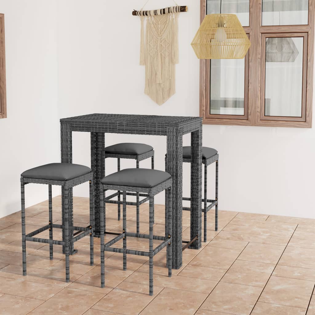 5 Pcs conjunto de bar p/ jardim c/ almofadões vime PE cinzento