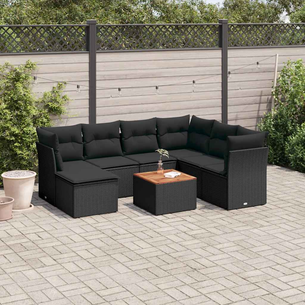 8 Pcs conjunto sofás de jardim com almofadões vime PE preto
