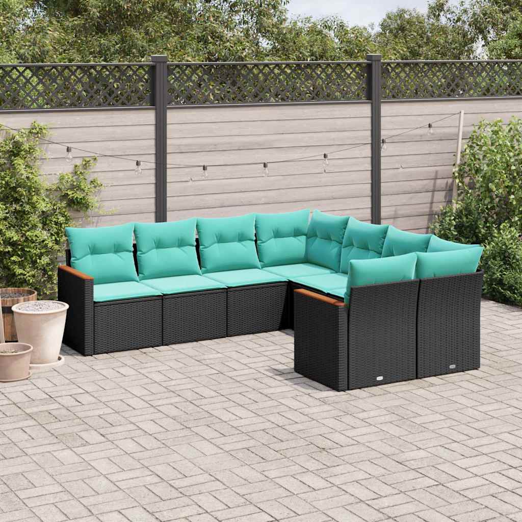Conjunto de sofá de jardim com 8 peças e almofadas em rattan sintético preto