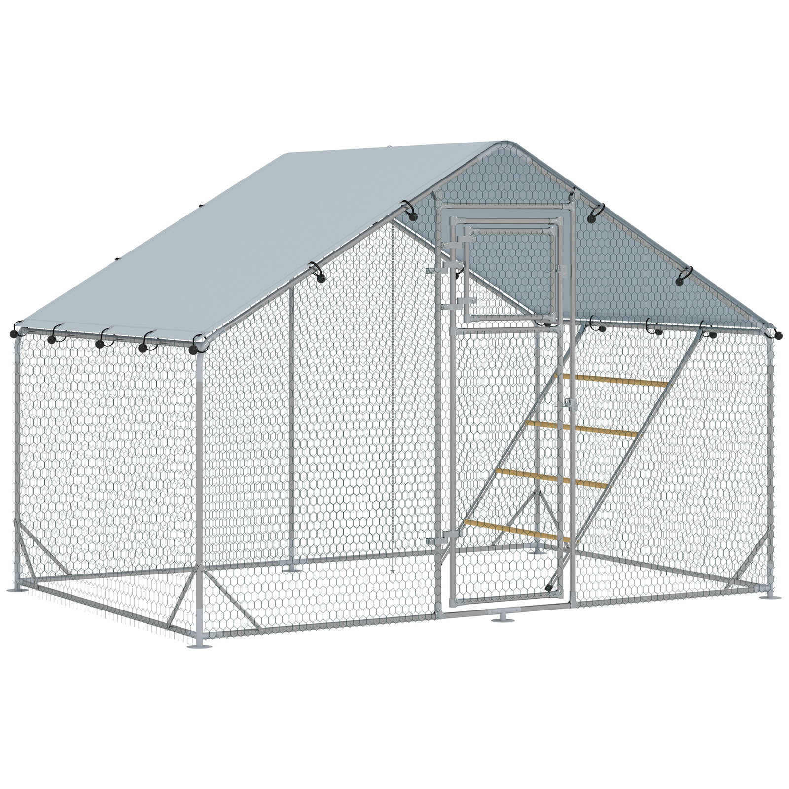 Galinheiro para exterior 3x2 m galinheiro de aço galvanizado com comedouro suspenso tipo espeto poleiro anti-UV prata