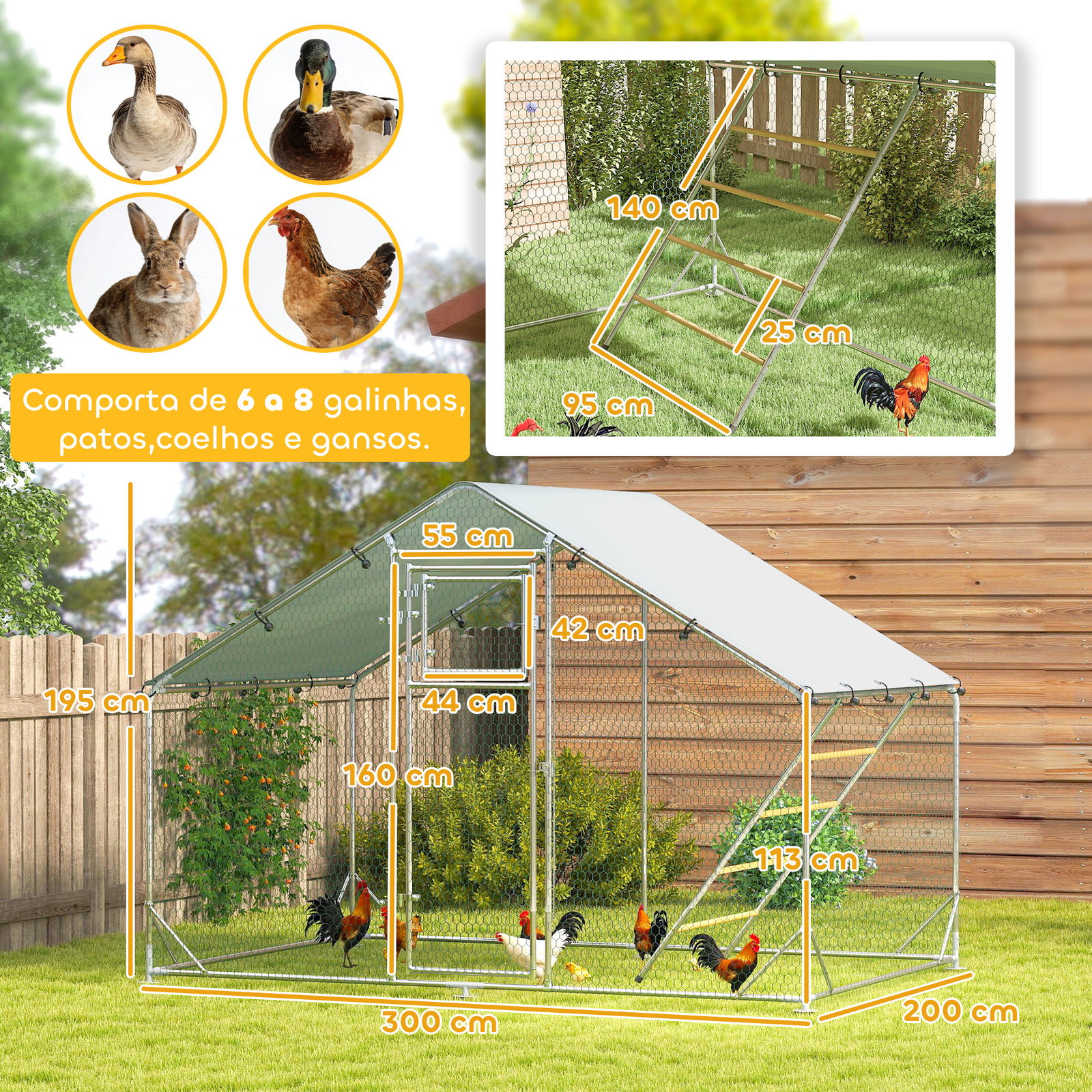 Galinheiro para exterior 3x2 m galinheiro de aço galvanizado com comedouro suspenso tipo espeto poleiro anti-UV prata