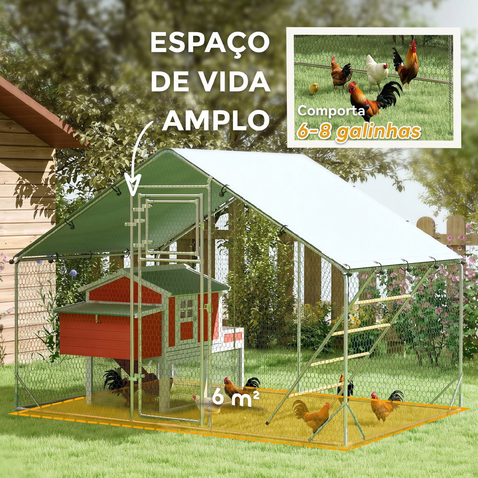 Galinheiro para exterior 3x2 m galinheiro de aço galvanizado com comedouro suspenso tipo espeto poleiro anti-UV prata