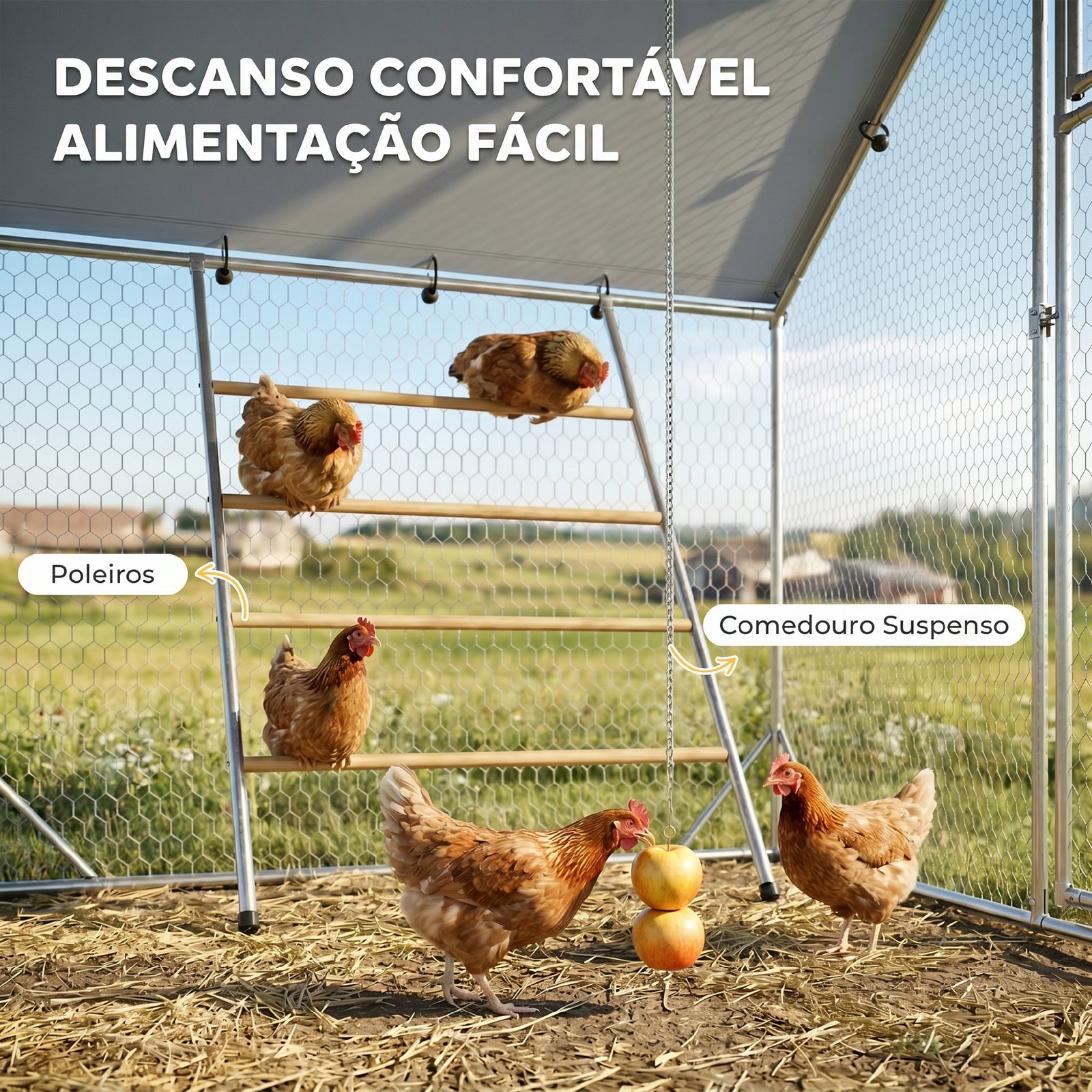 Galinheiro para exterior 3x2 m galinheiro de aço galvanizado com comedouro suspenso tipo espeto poleiro anti-UV prata