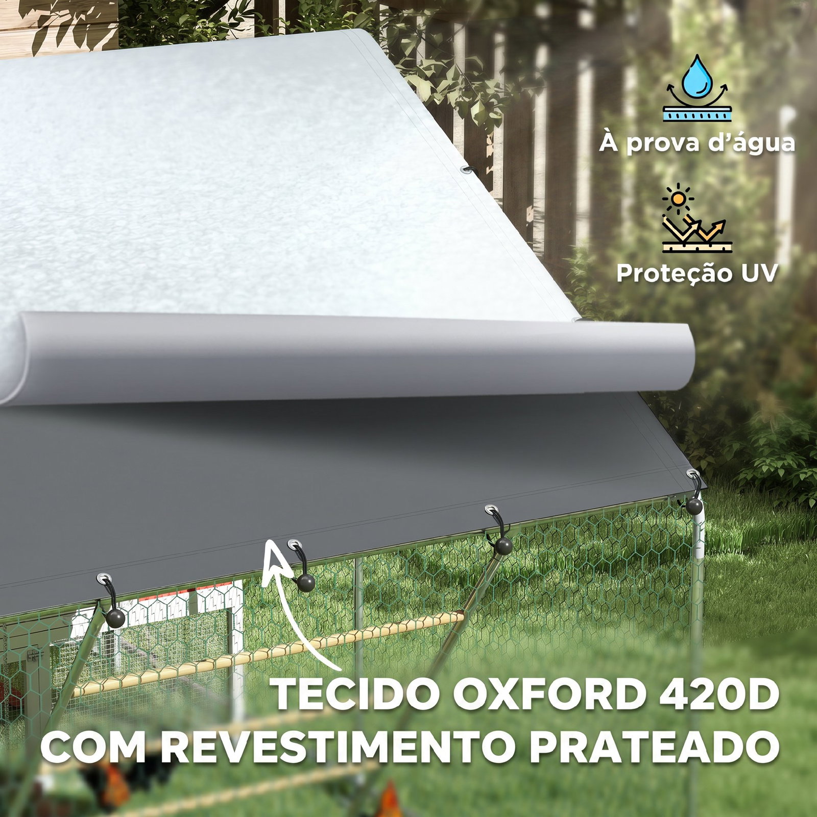 Galinheiro para exterior 3x2 m galinheiro de aço galvanizado com comedouro suspenso tipo espeto poleiro anti-UV prata