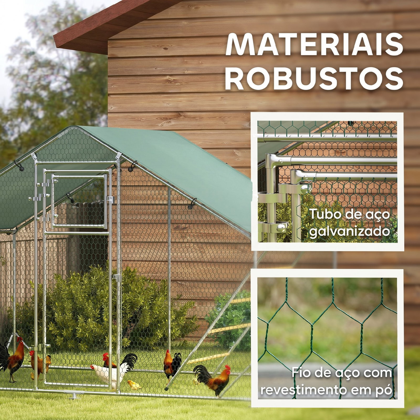 Galinheiro para exterior 3x2 m galinheiro de aço galvanizado com comedouro suspenso tipo espeto poleiro anti-UV prata