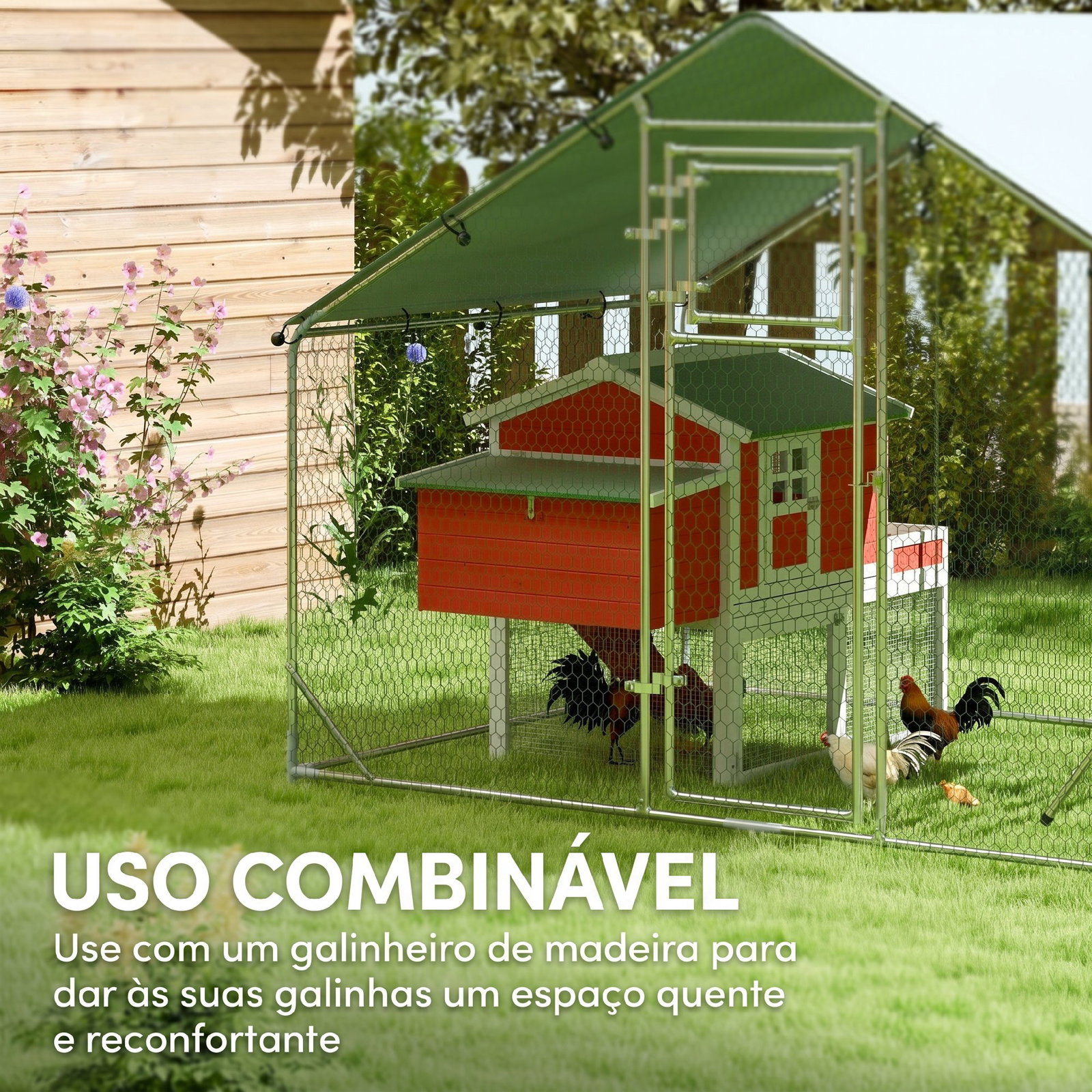 Galinheiro para exterior 3x2 m galinheiro de aço galvanizado com comedouro suspenso tipo espeto poleiro anti-UV prata