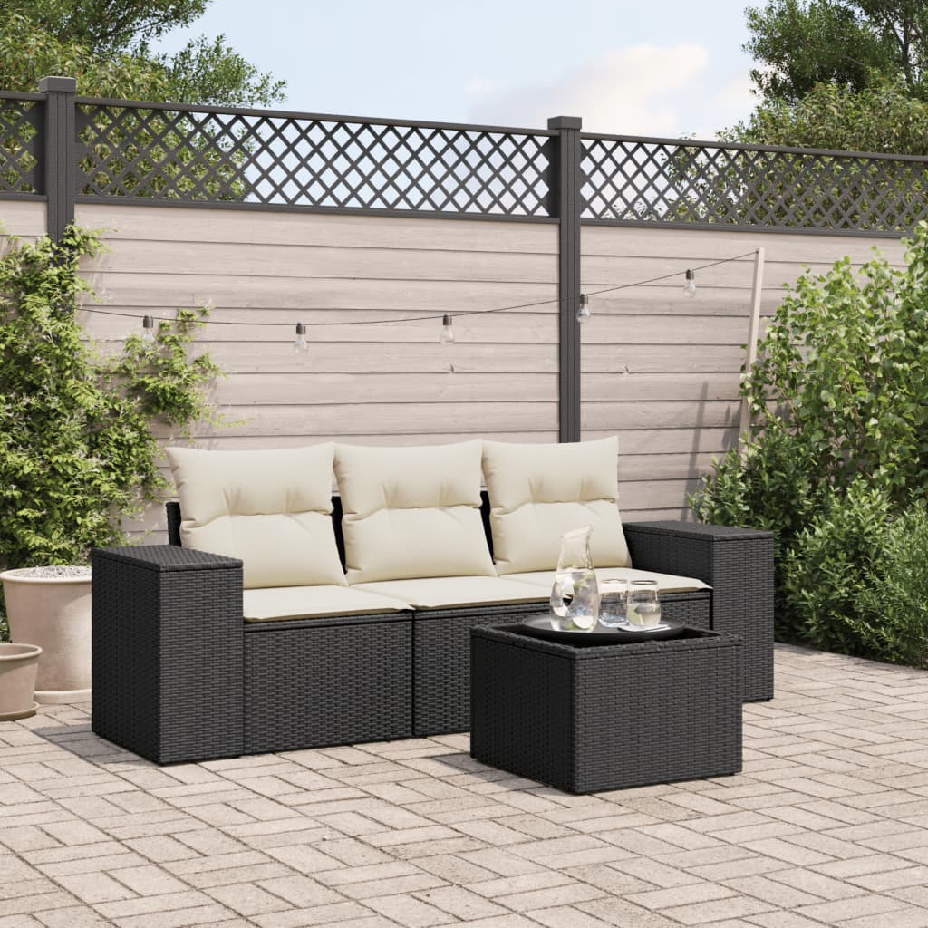 4 Pcs conjunto de sofás para jardim c/ almofadões vime PE preto