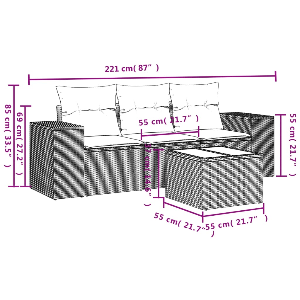 4 Pcs conjunto de sofás para jardim c/ almofadões vime PE preto