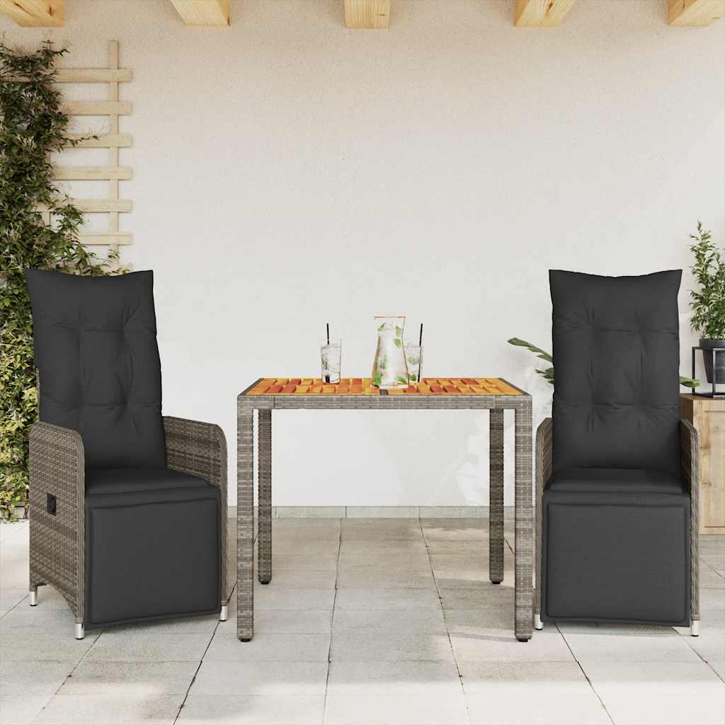 3 Pcs conjunto bistrô de jardim c/ almofadões vime PE cinza