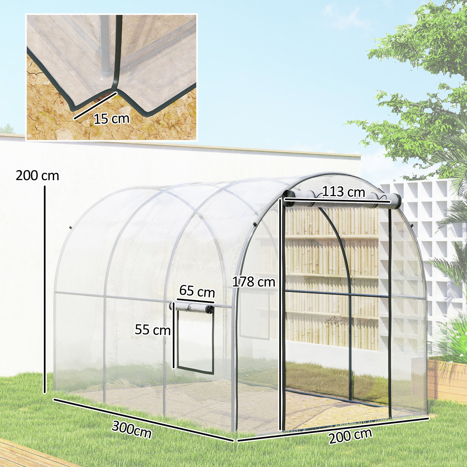 Estufa tipo túnel 3x2x2 m com porta enrolável 2 janelas anti-UV para cultivos plantas flores transparente