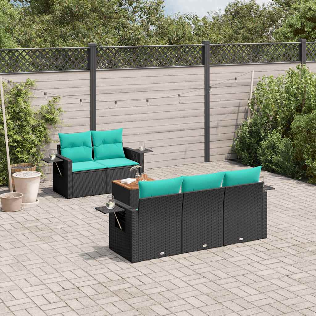 Conjunto de sofá de jardim com 6 peças e almofadas em rattan sintético preto
