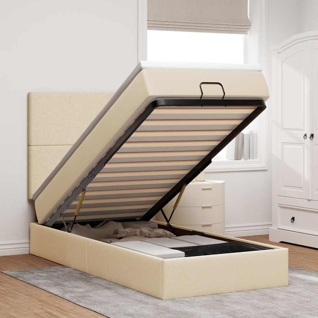 Cama otomana com colchão & leds 90x200 cm tecido creme