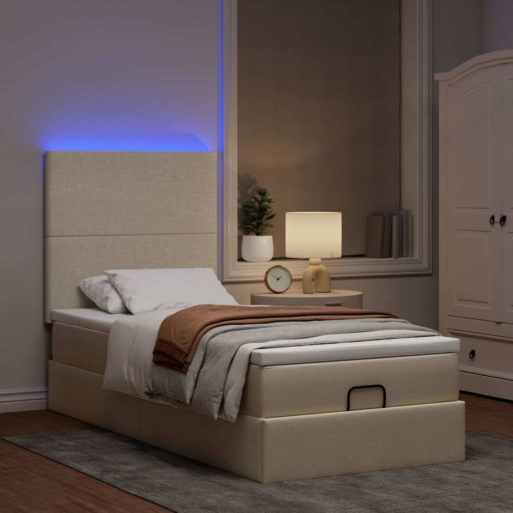 Cama otomana com colchão & leds 90x200 cm tecido creme