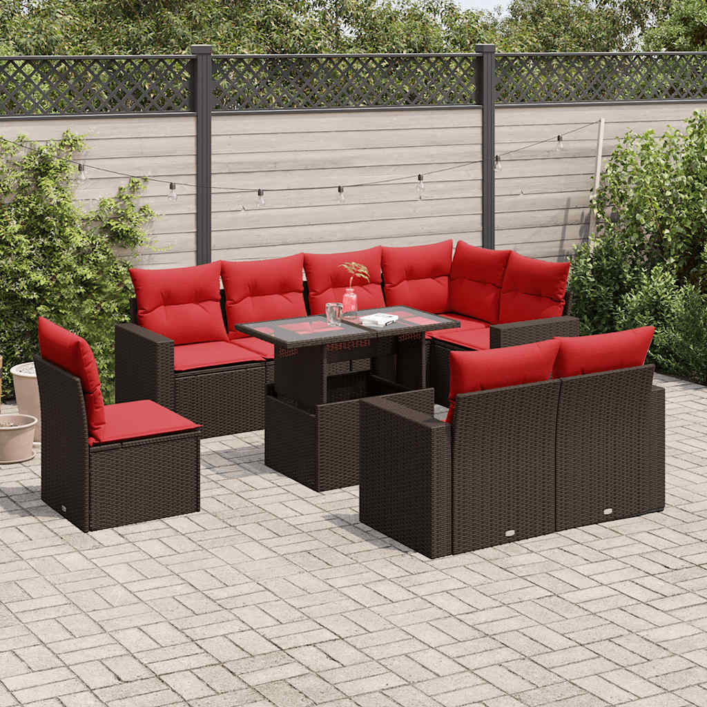 Conjunto de sofá de jardim com 9 peças e almofadas em rattan sintético marrom