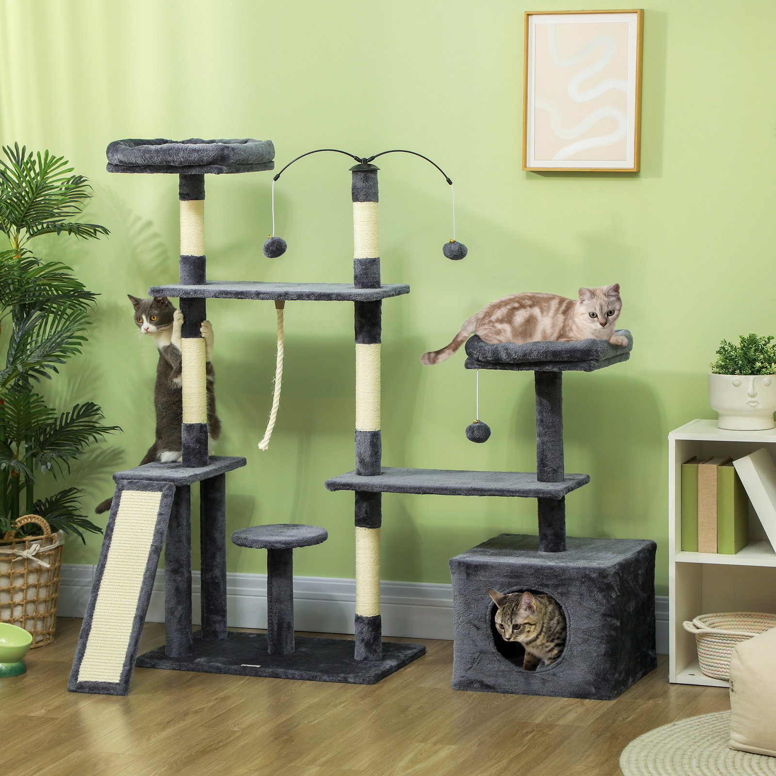 Arranhador para gatos 134 cm com caverna plataformas bolas de jogar e postes de sisal 124,5x40x134 cm cinza escuro