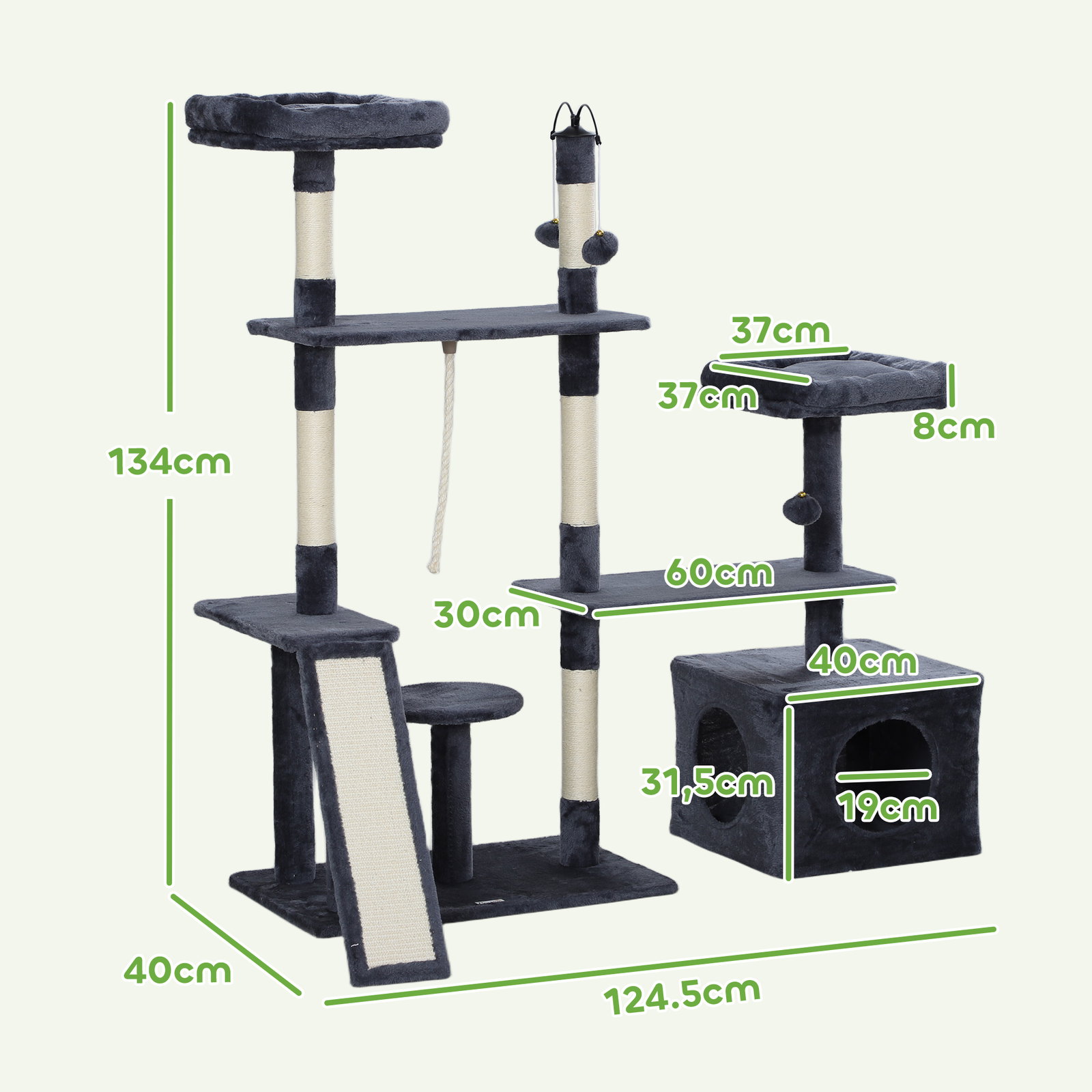 Arranhador para gatos 134 cm com caverna plataformas bolas de jogar e postes de sisal 124,5x40x134 cm cinza escuro