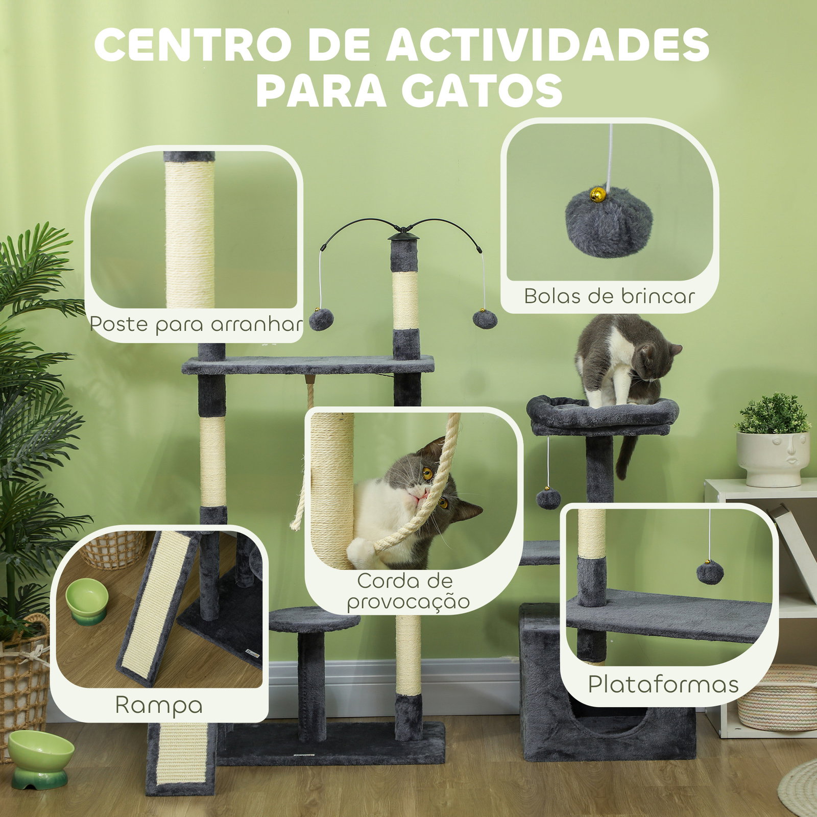 Arranhador para gatos 134 cm com caverna plataformas bolas de jogar e postes de sisal 124,5x40x134 cm cinza escuro