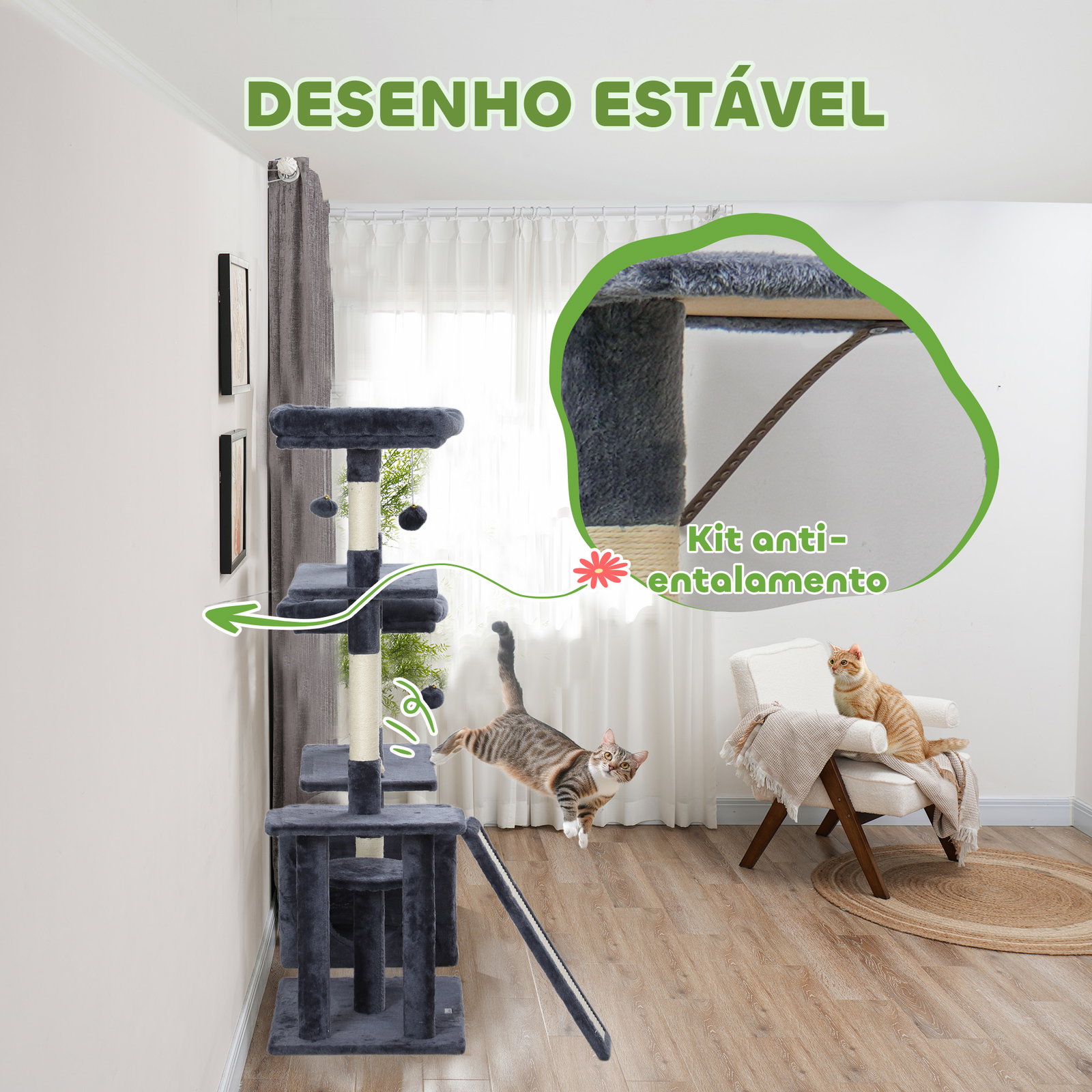 Arranhador para gatos 134 cm com caverna plataformas bolas de jogar e postes de sisal 124,5x40x134 cm cinza escuro