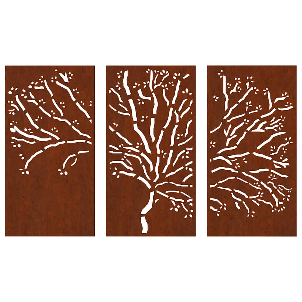 Decoração muro de jardim 3pcs 105x55cm aço corten design árvore