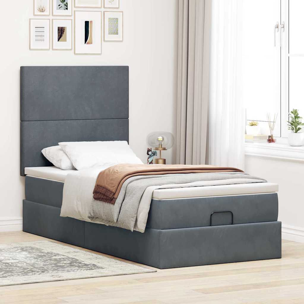 Moldura de cama otomana com colchões cinza escuro veludo