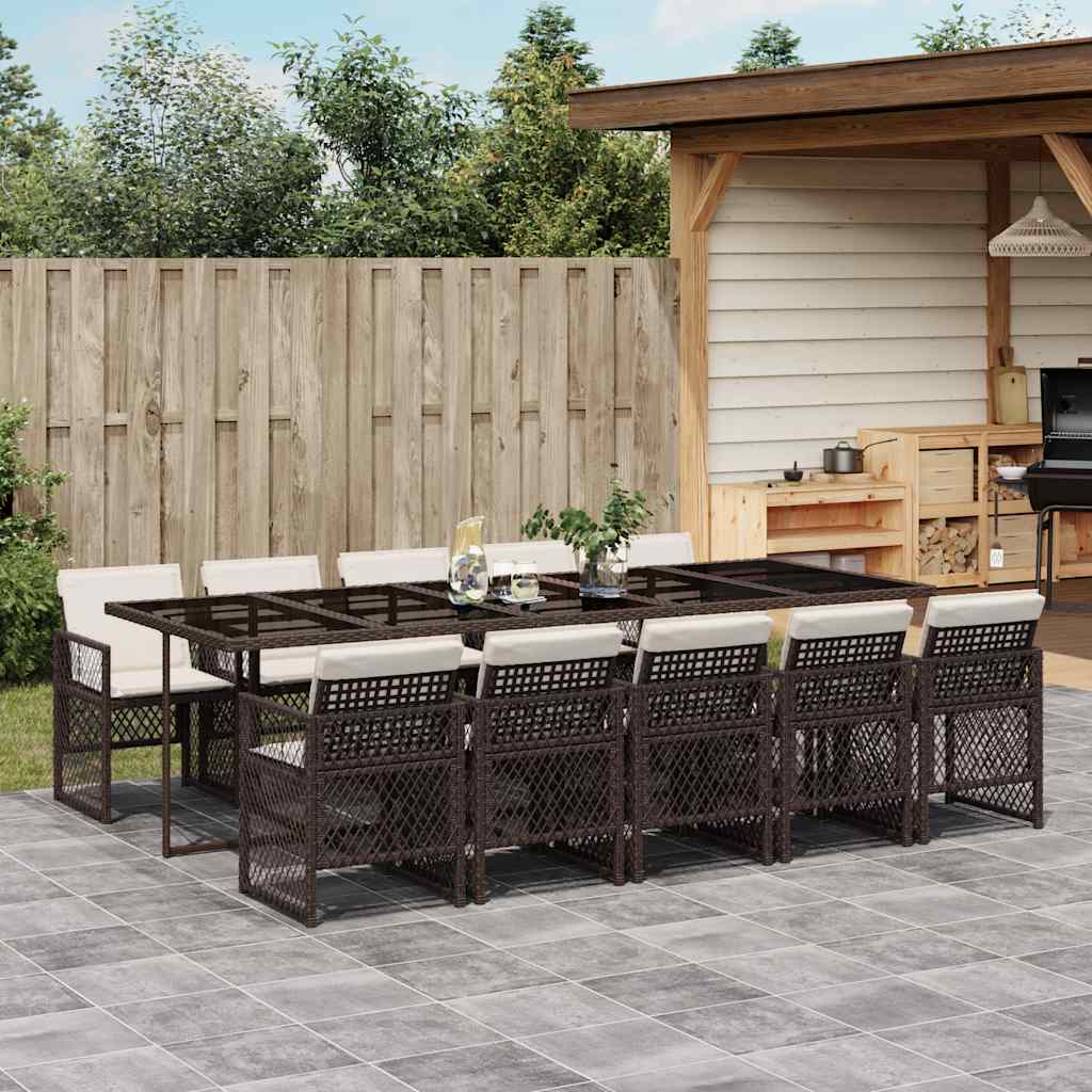 11 Pcs conjunto jantar p/ jardim c/ almofadões vime PE castanho