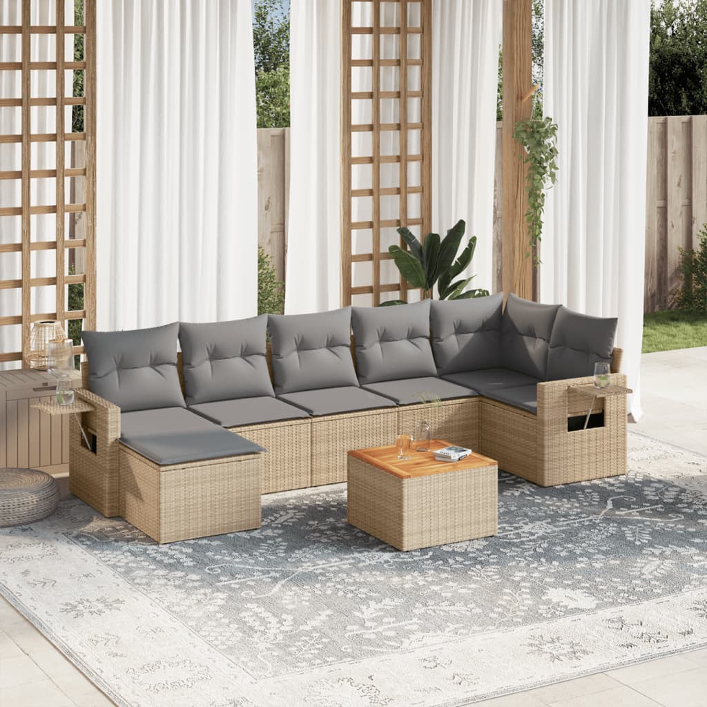 8 Pcs conjunto de sofás p/ jardim com almofadões vime PE bege