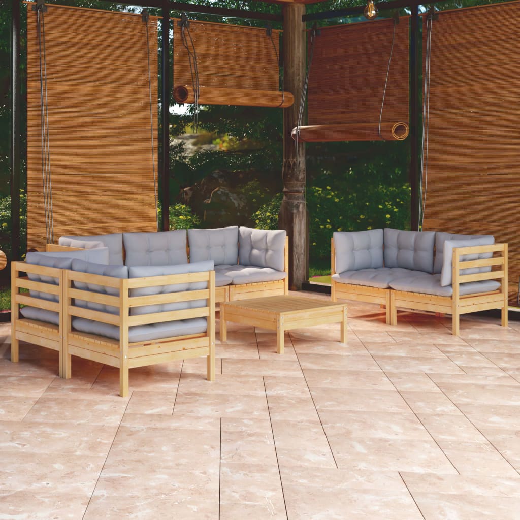 8 Pcs conj. lounge jardim c/ almofadões cinzentos pinho maciço