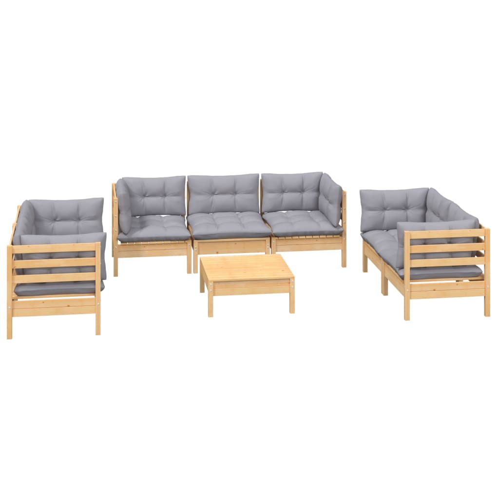 8 Pcs conj. lounge jardim c/ almofadões cinzentos pinho maciço