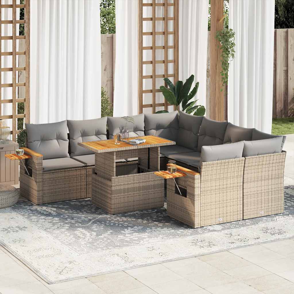 9 Pcs conjunto sofás jardim com almofadões vime PE/acácia bege