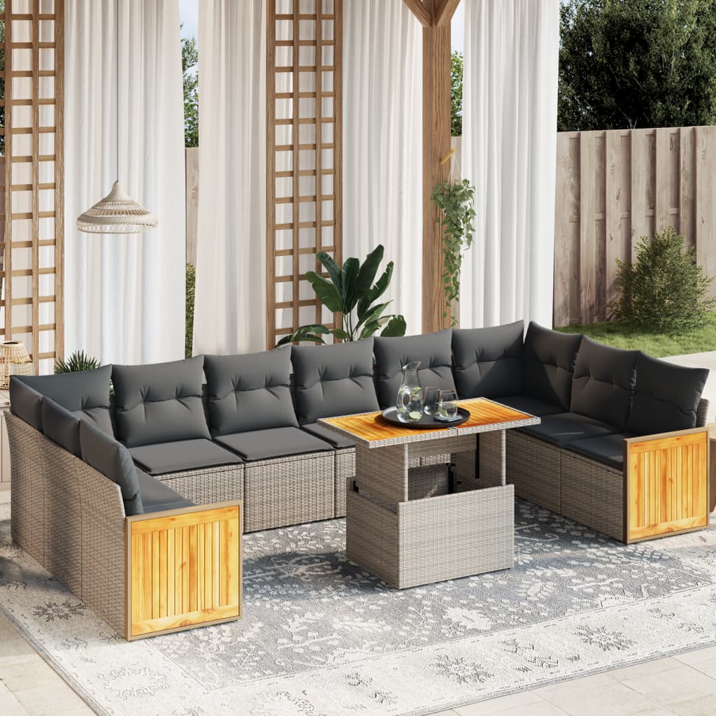 11 Pcs conjunto sofás de jardim c/ almofadões vime PE cinzento