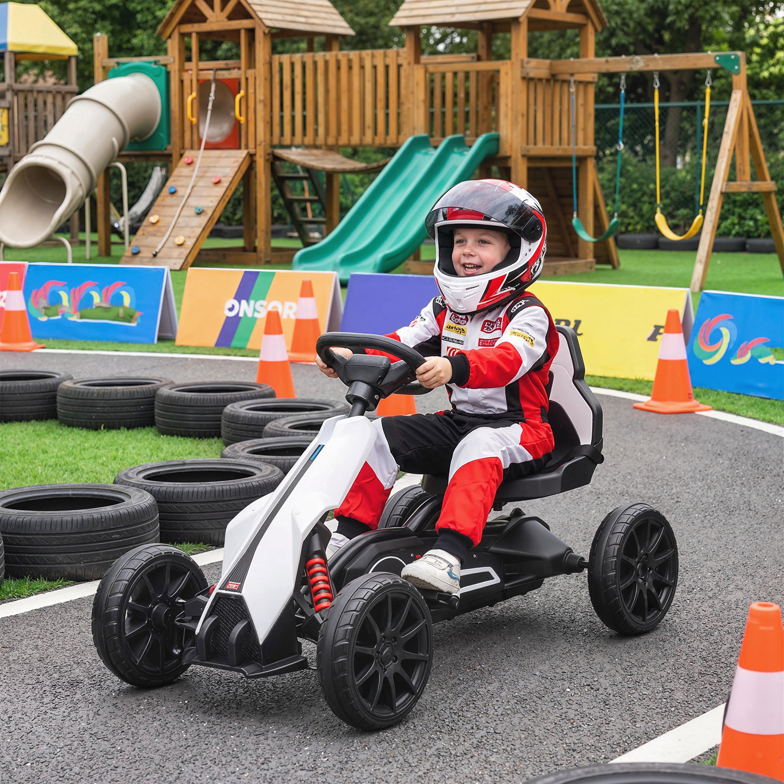 Go kart elétrico para crianças kart a bateria 12v velocidade ajustável 3-5 km/h e cinto de segurança 100x58x58,5 cm branco