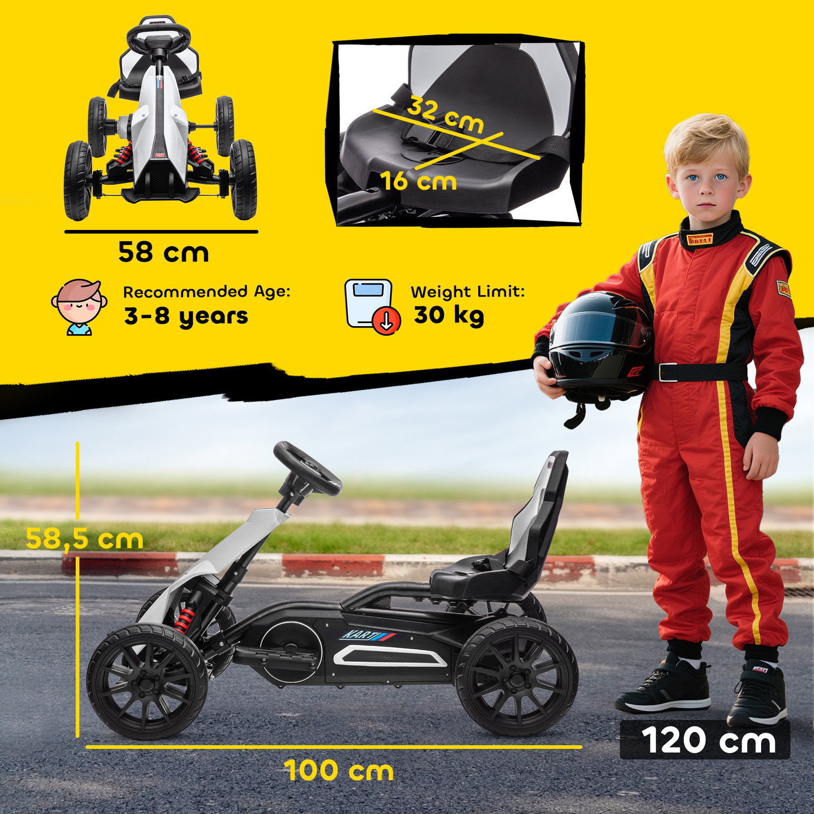 Go kart elétrico para crianças kart a bateria 12v velocidade ajustável 3-5 km/h e cinto de segurança 100x58x58,5 cm branco
