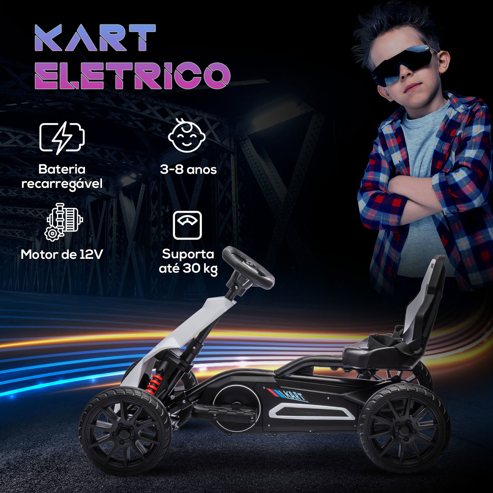 Go kart elétrico para crianças kart a bateria 12v velocidade ajustável 3-5 km/h e cinto de segurança 100x58x58,5 cm branco