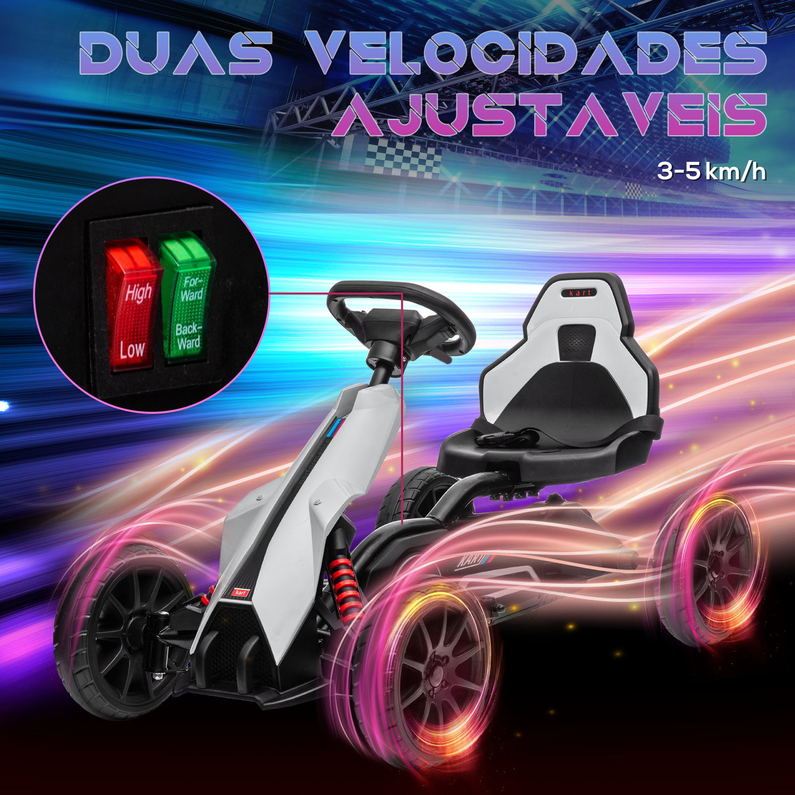 Go kart elétrico para crianças kart a bateria 12v velocidade ajustável 3-5 km/h e cinto de segurança 100x58x58,5 cm branco
