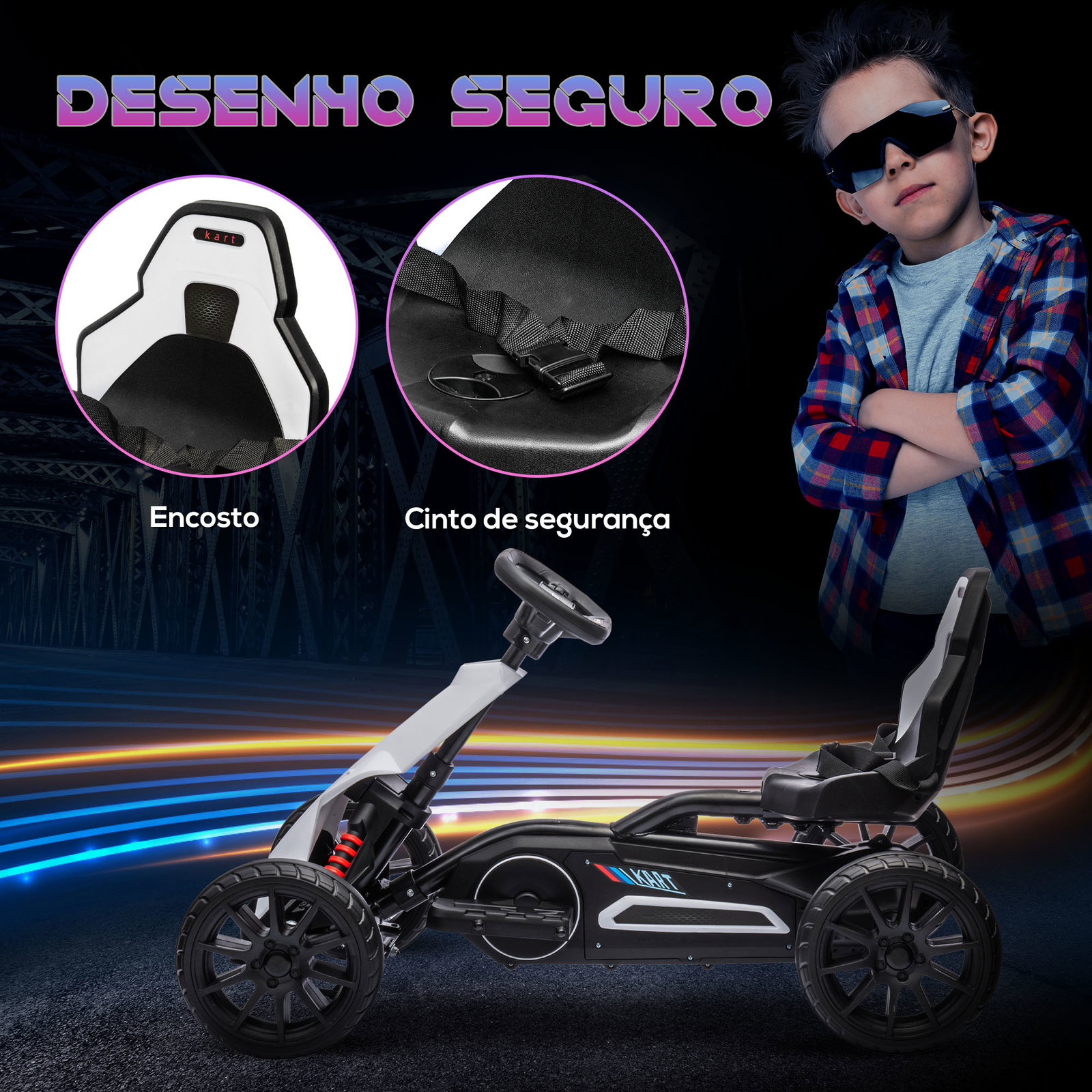 Go kart elétrico para crianças kart a bateria 12v velocidade ajustável 3-5 km/h e cinto de segurança 100x58x58,5 cm branco