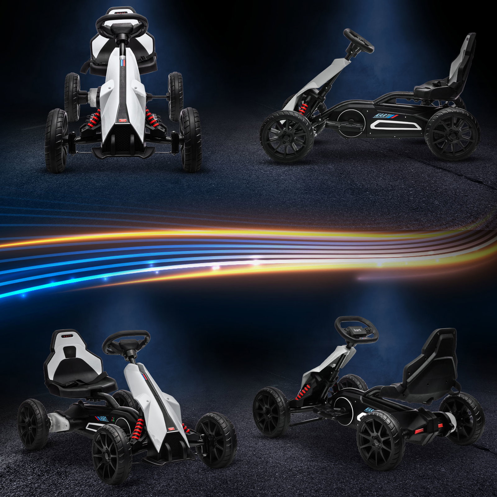 Go kart elétrico para crianças kart a bateria 12v velocidade ajustável 3-5 km/h e cinto de segurança 100x58x58,5 cm branco