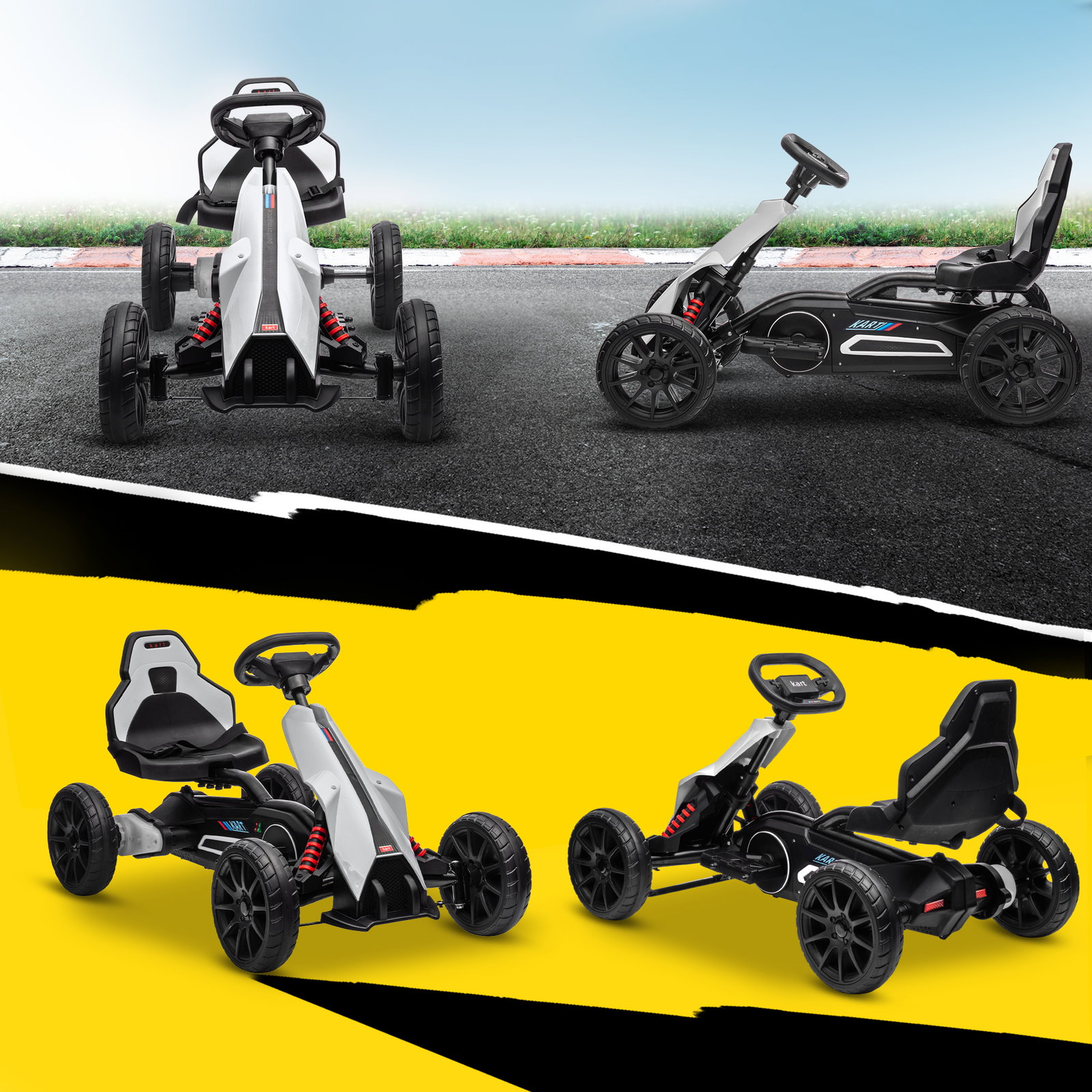 Go kart elétrico para crianças kart a bateria 12v velocidade ajustável 3-5 km/h e cinto de segurança 100x58x58,5 cm branco