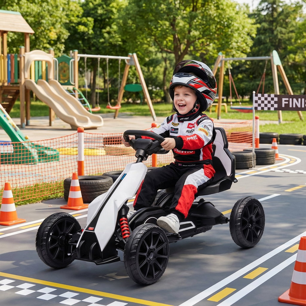 Go kart elétrico para crianças kart a bateria 12v velocidade ajustável 3-5 km/h e cinto de segurança 100x58x58,5 cm branco