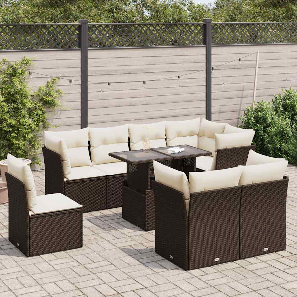 9 Pcs conjunto sofás p/ jardim c/ almofadões vime PE castanho