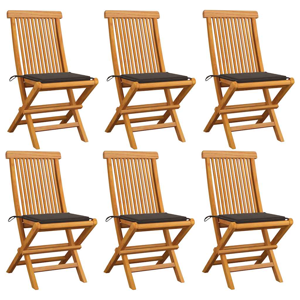 Cadeiras de jardim c/ almofadões cinza-acast. 6 pcs teca maciça