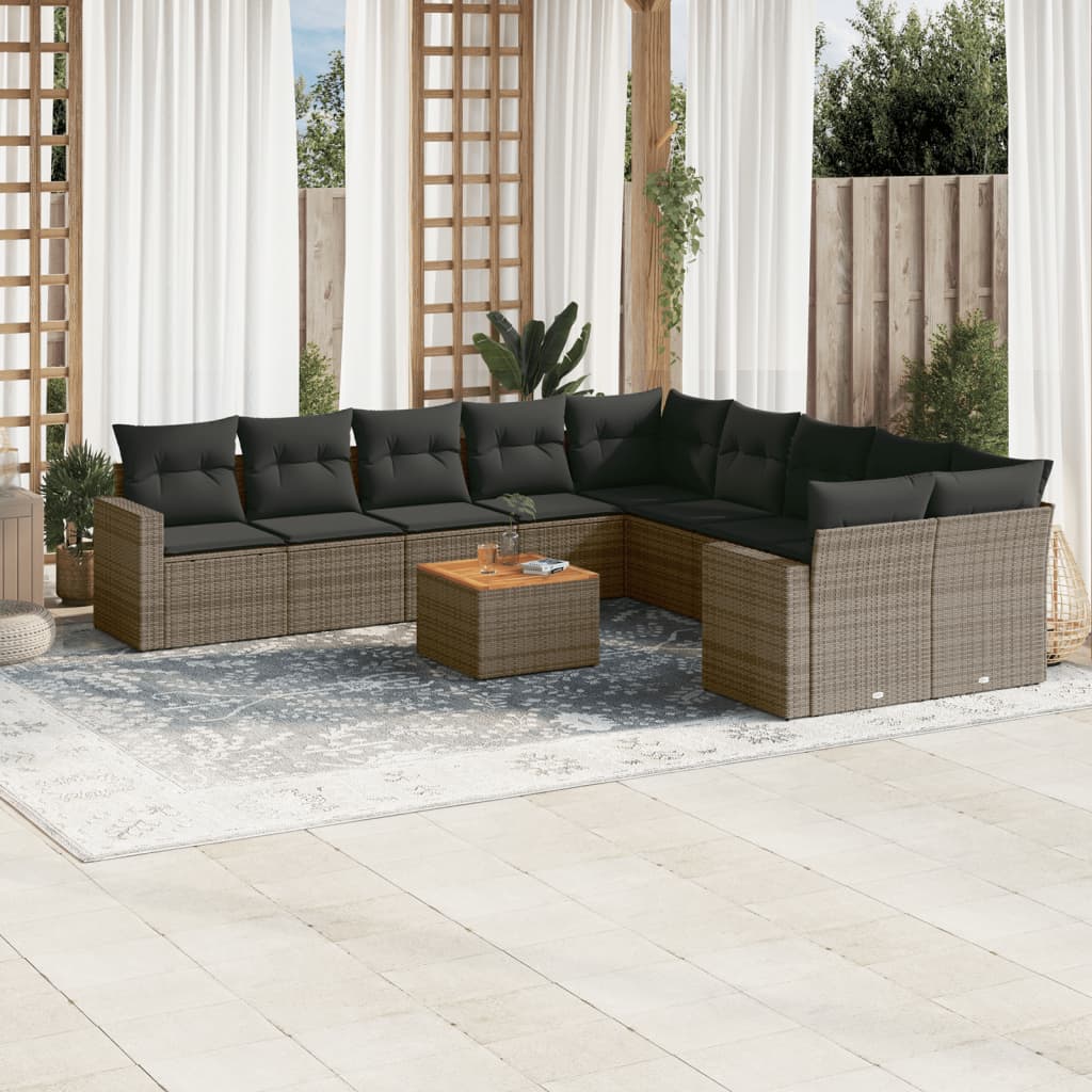 11 Pcs conjunto sofás de jardim c/ almofadões vime PE cinzento