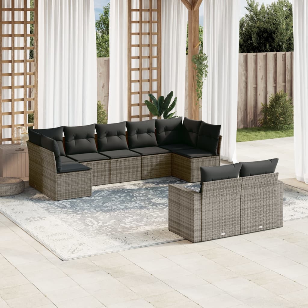 9 Pcs conjunto sofás p/ jardim com almofadões vime PE cinzento