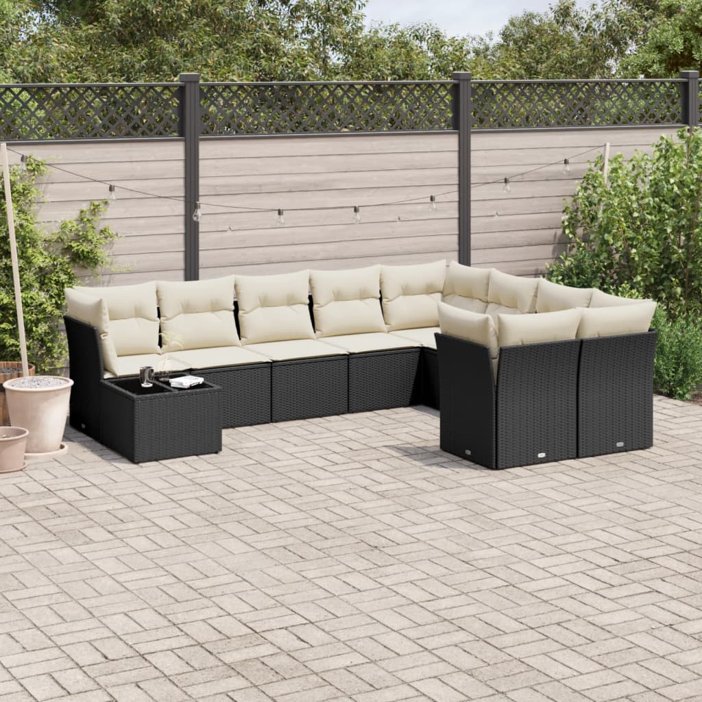 10 Pcs conjunto sofás de jardim c/ almofadões vime PE preto