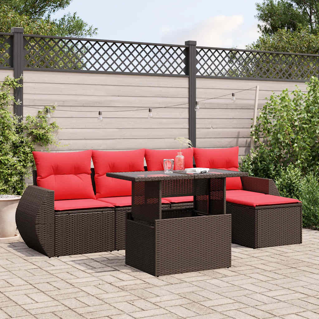 Conjunto de sofá de jardim com 6 peças e almofadas em rattan sintético marrom