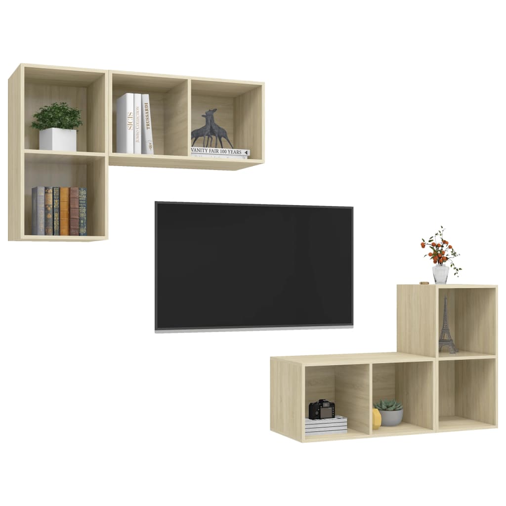 Armários de parede p/ TV 4pcs derivados madeira carvalho sonoma