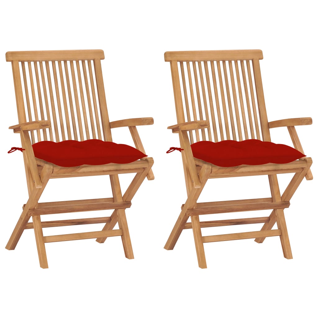 Cadeiras de jardim c/ almofadões vermelhos 2 pcs teca maciça