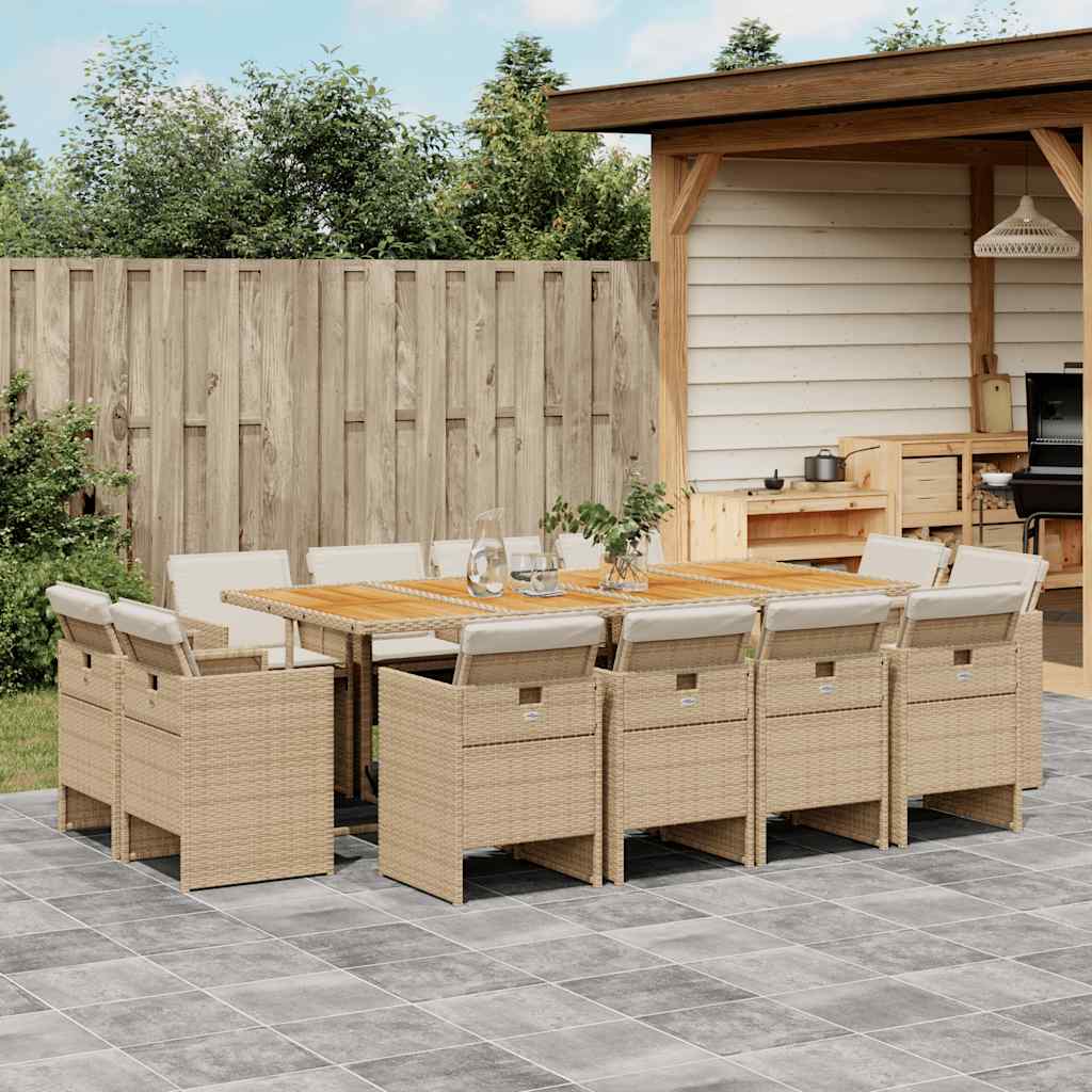 13 Pcs conjunto de jantar p/ jardim com almofadões vime PE bege
