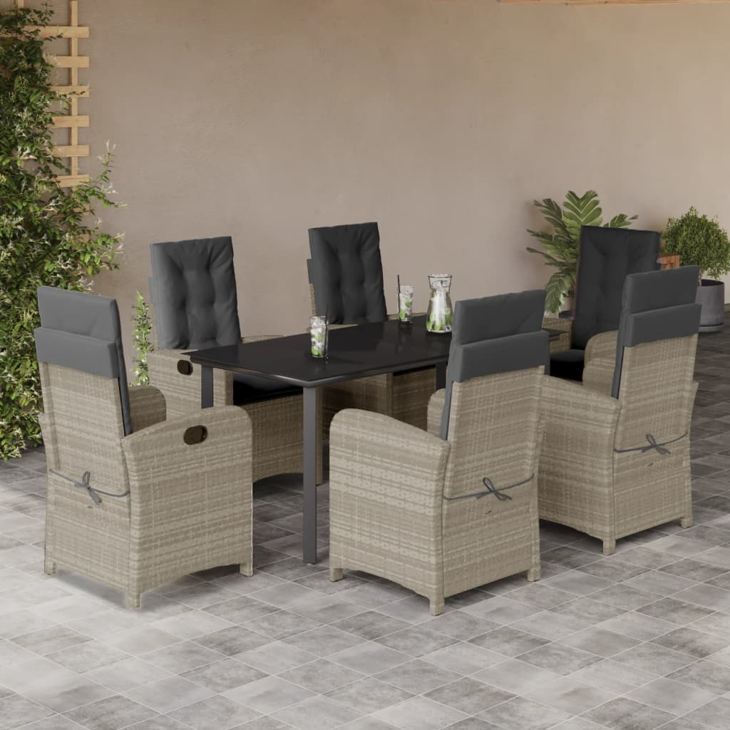 7 Pcs conj. jantar p/ jardim c/ almofadões vime PE cinza-claro